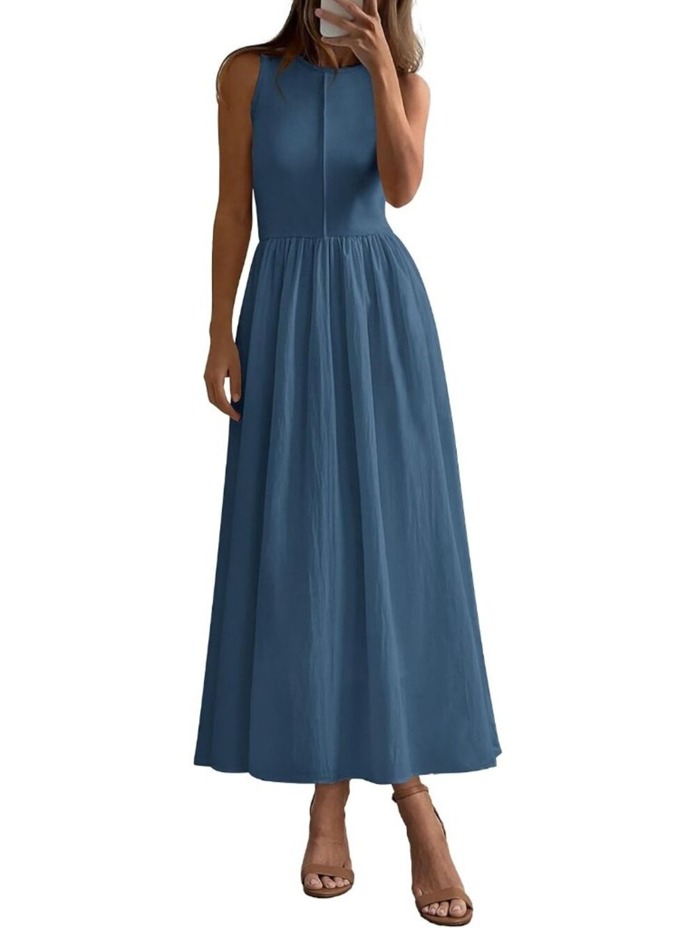 🆕 Women's Slate Blue Sleeveless Crewneck Maxi Dress Casual Flowy Sundress